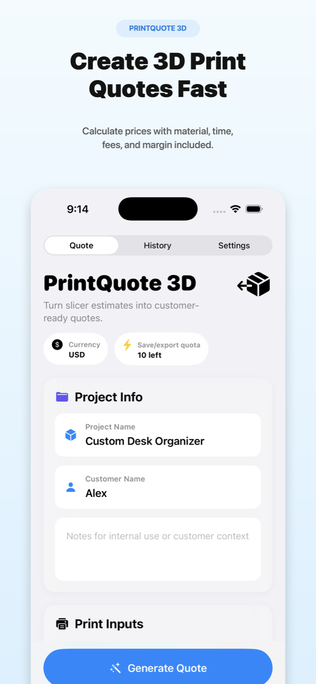 PrintQuote 3D quote generator on iPhone